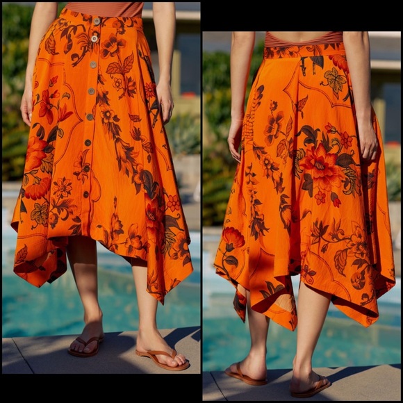 Anthropologie Orange Floral Hankerchief Button Front Midi Skirt w/Pockets - Picture 2 of 10